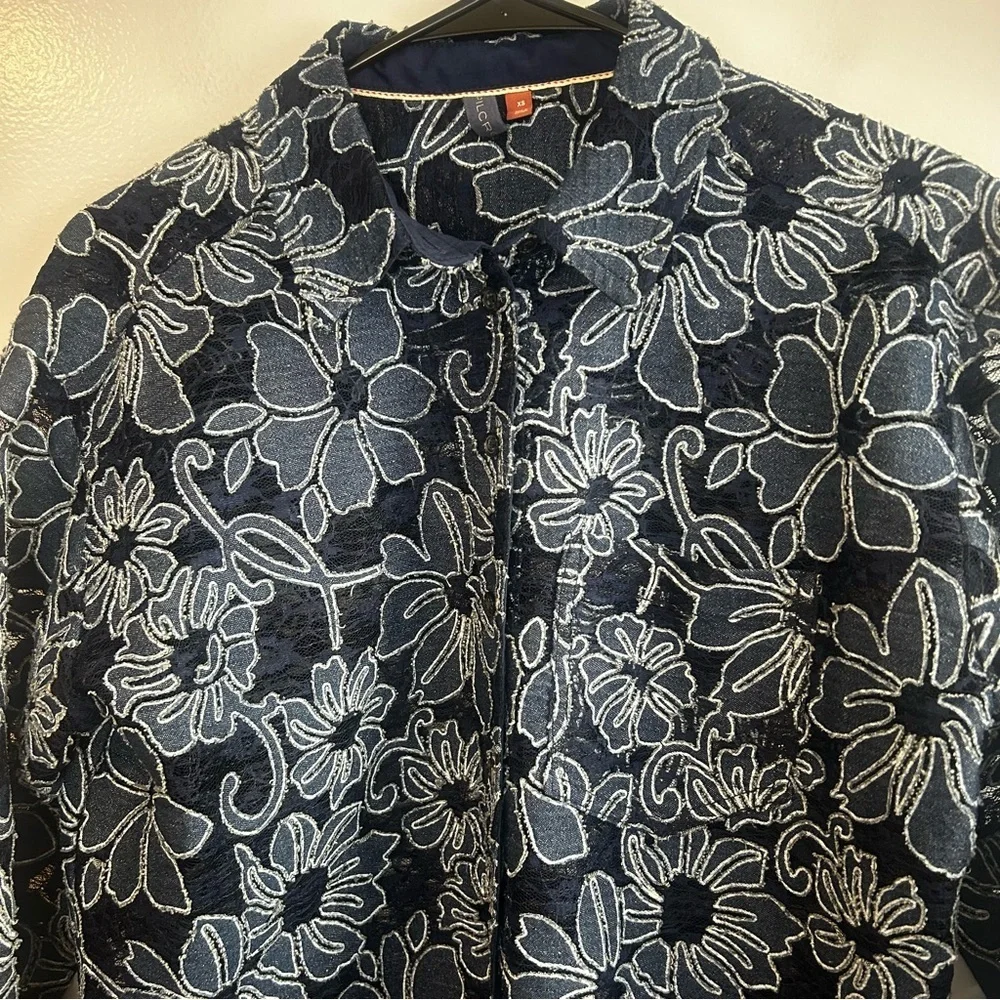 Pilcro Anthropologie Navy Blue Sheer Lace Button Down Shirt Size XS